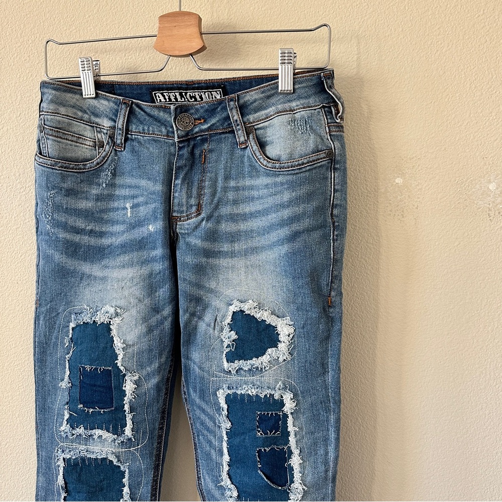 Affliction Blue Distressed Patchwork Low-Rise Ski… - image 2